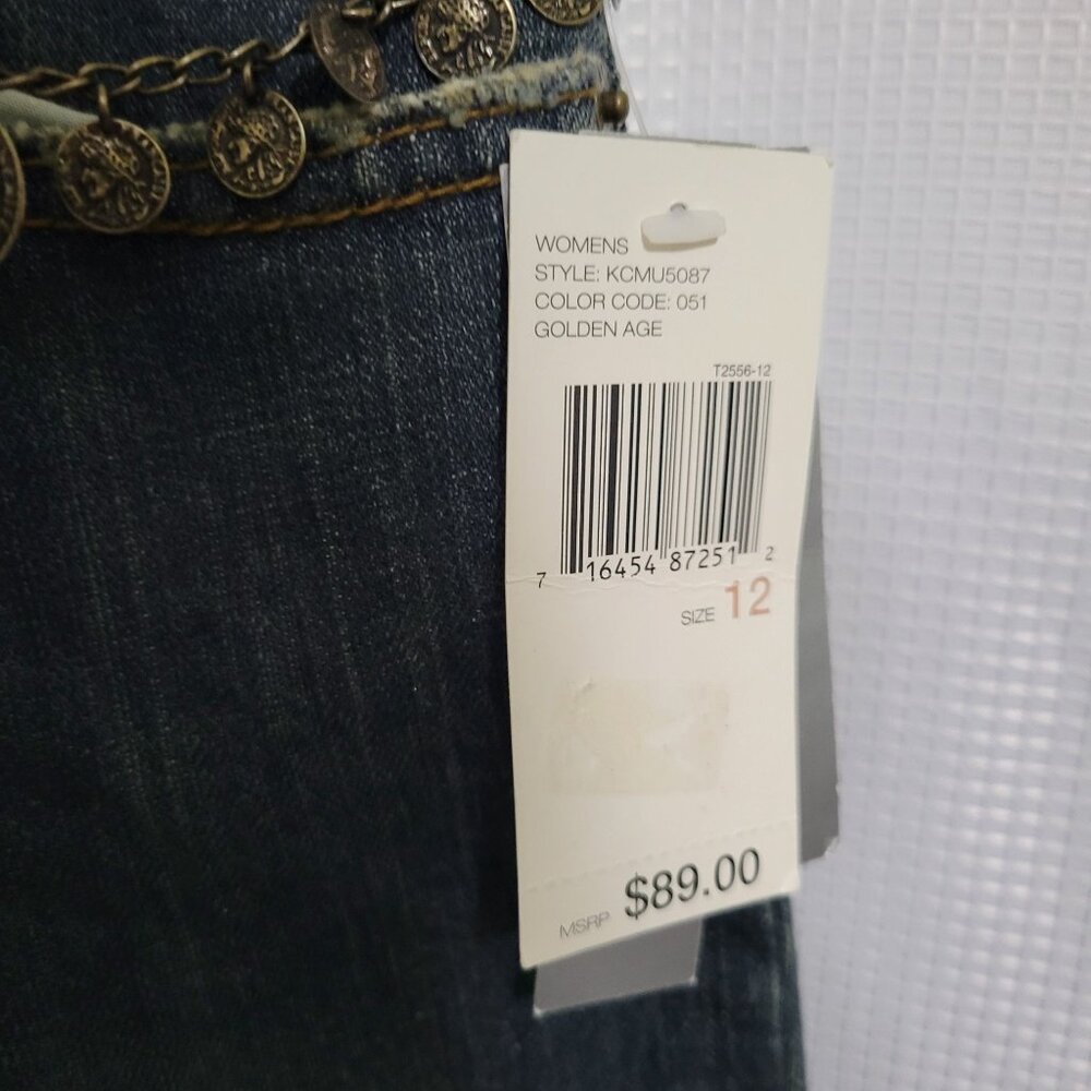 DKNY NWT Size 12 Jeans Denim Gold Glitter So Low Lita Chain Belt Boot Distressed - Picture 12 of 16